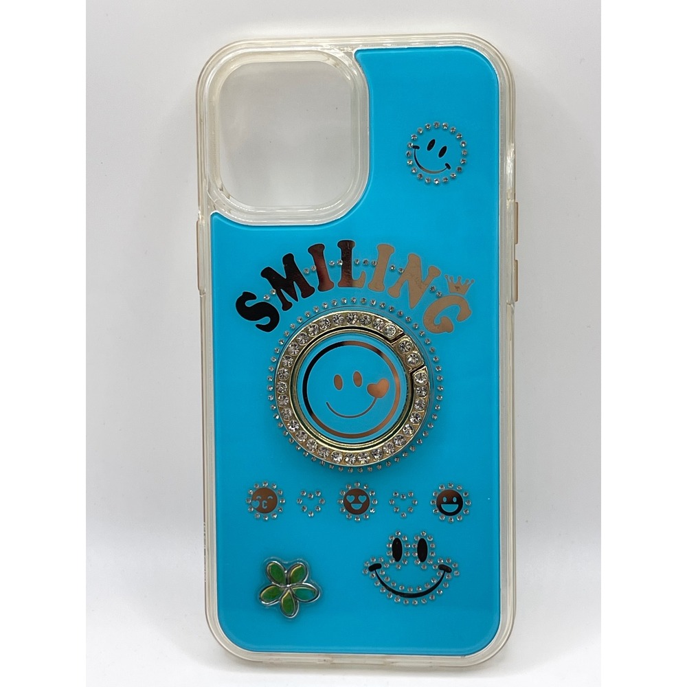Blue Smiling iPhone 6.1" Case with Rhinestone Smiley Faces and Ring Stand Holder